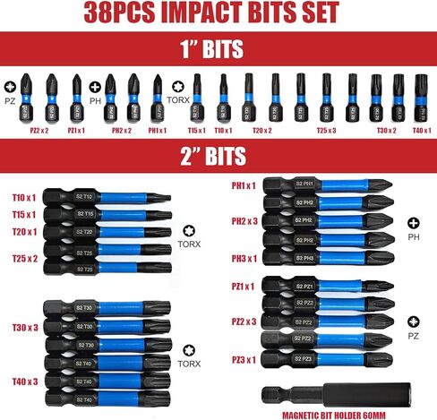 38pcs Impact Driver Bit Set, Magnetic S2 Screwdriver Bit Set, Hex Key Bit Set, Phillips, Pozidriv and Torx with 1/4" Hex Shank Bits for Electric Screwdriver in Kuwait
