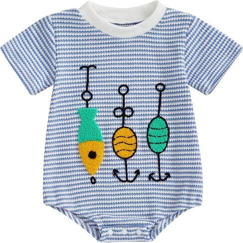 Newborn Baby Boy Summer Romper Striped Fish Embroidery Waffle Bubble Bodysuit Short Sleeve Jumpsuit Summer Clothes in Saudi Arabia