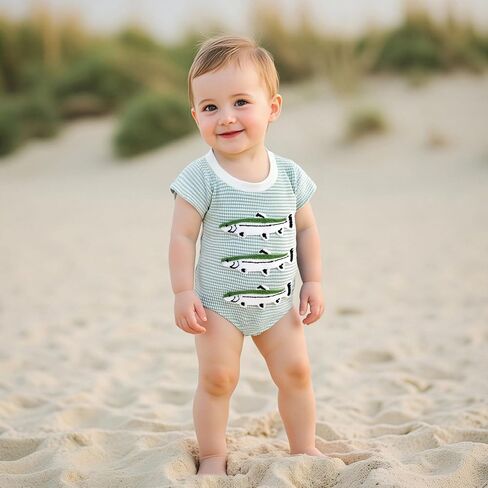 Newborn Baby Boy Summer Romper Striped Fish Embroidery Waffle Bubble Bodysuit Short Sleeve Jumpsuit Summer Clothes in Saudi Arabia