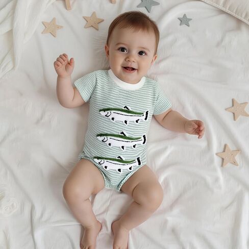 Newborn Baby Boy Summer Romper Striped Fish Embroidery Waffle Bubble Bodysuit Short Sleeve Jumpsuit Summer Clothes in Saudi Arabia