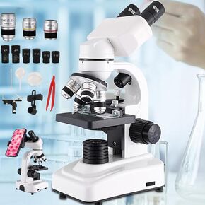 40x-2400x Binocular Compound Microscope,Led Lab Microscope- 16x+30x Eyepieces/4x+10x+100x Objective Lens-Dual Light Source+Mobile Phone Holder,for Home Educational/Hobby,White