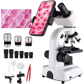 Microscope Kit for Adults,Kids and Students, 40x-2400x Magnification Binocular Compound Microscopes with Dual Led Lighting/Mobile Phone Holder/Caliper, for School Lab Home Education,White