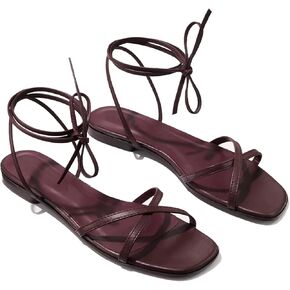 Strappy Flats Sandals for Women Summer Gladiator Lace Up Flat Sandals Open Square Toe Casual Beach Slides Sandals