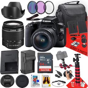 Canon EOS 250D / Rebel SL3 DSLR Camera with EF-S 18-55mm f/3.5-5.6 III DC Lens + 64 GB Memory + Hood + Extra Battery + Battery Charger + Filters + More (27pc Bundle) (Renewed)