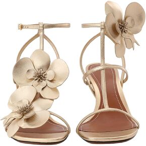 الصنادل ذات الكعب الزهور للنساء المفتوحات مربعة إصبع القدم الضيق الكعب العالي T-strap Stiletto مضخات حفل زفاف أوركيد الأذنب أحذية مع حزام مشبك الكاحل