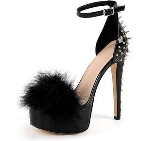 Richealnana Women's Fuzzy Platform Sandals Stiletto Ankle Strap Sexy Dressy Sandals