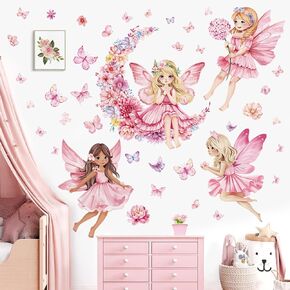 Decalmile Pink Fairy Girls Wall Scals كبيرة الفطر الزهرة ملصقات جدار الفراشة in Kuwait