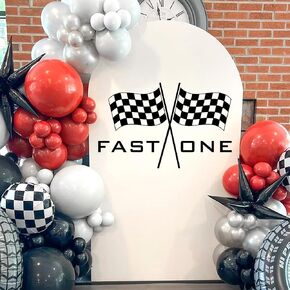 Fast One Racing Checkered Flag Birthday Party Backdrop, Round Arch Wall Sticker, Round Arch Sticker, Birthday Party Supplies，Black and White