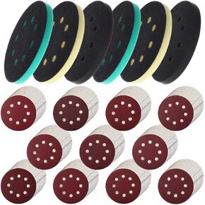116pcs 5 Inch 8 Holes Hook and Loop Orbital Sander Foam Pads and Sanding Discs, 6pcs Soft Medium Hard Foam Sanding Buffer Backing Cushion with 110pcs Red Sanding Discs, 40 to 600 Grit
