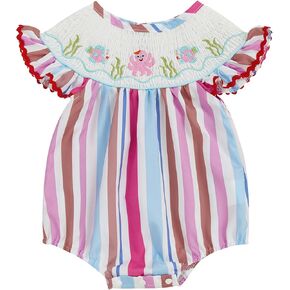 Baby Girl Ocean Animal Outfit Crab Seahorse Octopus Embroidery Sleeveless Smocked Bubble Romper Infant Beach Clothes