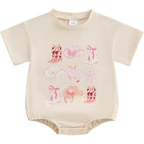 Infant Newborn Baby Girl Summer Outfit Western Bubble Romper Short Sleeve Bodysuit Cowgirl Boots Bow Western Clothes