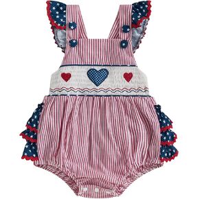 4th of July Baby Girl Outfits Newborn Fourth of July American Flag Ruffle Romper Fly Sleeve Smocked Bodysuit