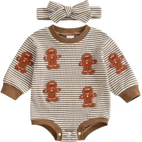 Christmas Newborn Baby Girl Outfit Tree Embroidery Long Sleeve Striped Waffle Bubble Romper Matching Headband