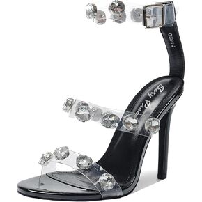 Womens 4.3" Stiletto Open Toe Rhinestone Sandals Ankle Strap Nightclub Party Wedding Shoes