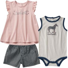 Carhartt baby-girls Short-sleeve Shirt, Horse Tank Bodysuit, & Stripe Shorts Set