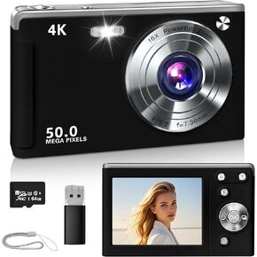 الكاميرا الرقمية ، كاميرا تصوير 4K مع تكبير 16x ، 50 ميجابكسل بكسل ، مصباح ملء ، مضاد للانتشار ، وظيفة التجميل وبطاقة الذاكرة 64 جيجابايت ، الكاميرا الرقمية المدمجة مناسبة للمبتدئين (أسود)