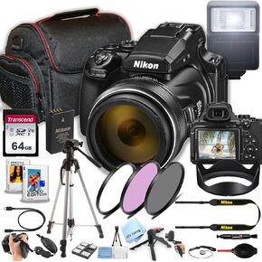 Nikon COOLPIX P1100 Superzoom Digital Camera | 125x,16 MP 4K Video + 64GB Memory, Case, Gripster Tripod, Filters, Flash and More (28pc Camera Bundle) (Renewed)