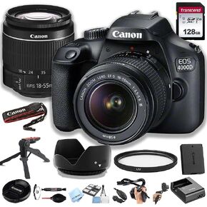 Canon 4000D (EOS Rebel T100) DSLR Camera w/EF-S 18-55mm F/3.5-5.6 Zoom Lens + 128GB Memory Card, Hood, Grip-Pod, Filter, Professional Photo Bundle(22pc) (Renewed)