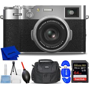 FUJIFILM X100VI Digital Camera (Silver) 16821822 - Accessory Bundle Includes: Extreme Pro 64GB SD, Card Reader, Gadget Bag, Blower, Microfiber Cloth and Cleaning Kit (International Verison) (Renewed)