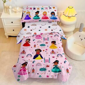 4 Piece Toddler Dinosaur Bedding Set for Girls,Pink Dino Toddler Comforter Sets Soft Bed Set Include Comforter,Fitted Sheet, Flat Top Sheet and Pillowcase,Bed in A Bag for Bedroom