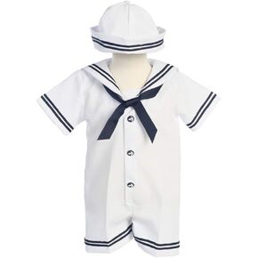 Lito Baby Boys White Navy Sailor Romper Hat Set 6-12M