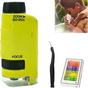 Handheld Kids Portable Minilabsters Microscope: 60x-120x Magnification Handheld Yellow Miniscope with 12 Microscope Slides Pocket Microscope for Kids Student Adults