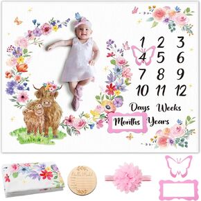 Cow Baby Monthly Milestone Blanket Floral Highland Cow Baby Growth Chart Blanket for Infant Girls Newborn Swaddle Photography Backdrop Baby Nursery Decor with Headband Wooden Signs Frame