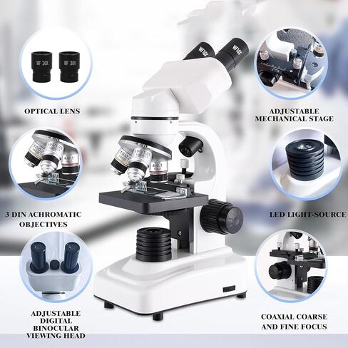 Binocular Microscope For Adults Kids Students, 40x-2400x Biological Compound Microscope,3 Objective Lens:4x/10x/100x, 4 Eyepiece: 2*16x 2*30x,Magnifier: 2*2x,Dual Led Illumination,White in Saudi Arabia