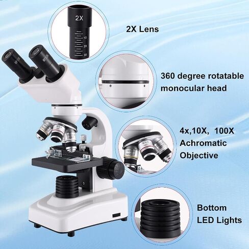 Binocular Microscope For Adults Kids Students, 40x-2400x Biological Compound Microscope,3 Objective Lens:4x/10x/100x, 4 Eyepiece: 2*16x 2*30x,Magnifier: 2*2x,Dual Led Illumination,White in Saudi Arabia