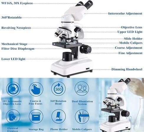 Binocular Microscope For Adults Kids Students, 40x-2400x Biological Compound Microscope,3 Objective Lens:4x/10x/100x, 4 Eyepiece: 2*16x 2*30x,Magnifier: 2*2x,Dual Led Illumination,White in Saudi Arabia