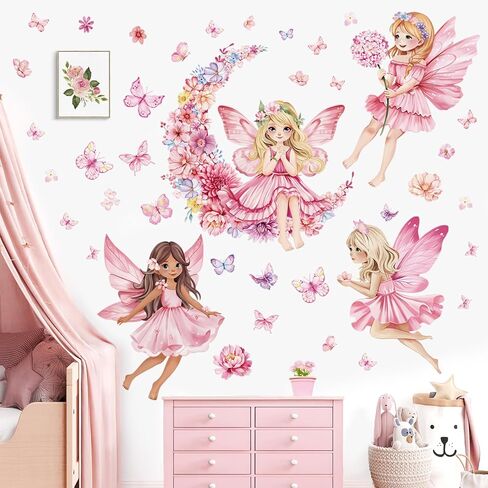 Decalmile Pink Fairy Girls Wall Scals كبيرة الفطر الزهرة ملصقات جدار الفراشة in Kuwait