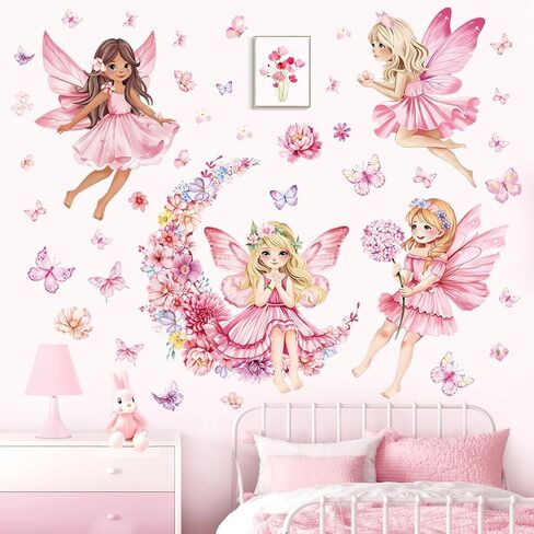 Decalmile Pink Fairy Girls Wall Scals كبيرة الفطر الزهرة ملصقات جدار الفراشة in Kuwait