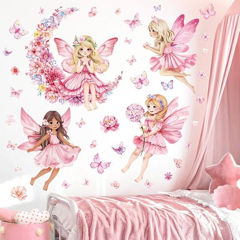 Decalmile Pink Fairy Girls Wall Scals كبيرة الفطر الزهرة ملصقات جدار الفراشة in Kuwait
