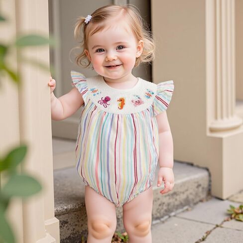 Baby Girl Beach Outfit Octopus Embroidery Smocked Bubble Romper | Flutter Sleeveless, Crab Seahorse Octopus Embroidery, Colorful Striped Print, Smocked Detail, Perfect for Summer Holidays in Saudi Arabia
