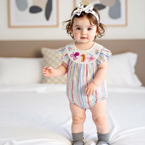 Baby Girl Beach Outfit Octopus Embroidery Smocked Bubble Romper | Flutter Sleeveless, Crab Seahorse Octopus Embroidery, Colorful Striped Print, Smocked Detail, Perfect for Summer Holidays in Saudi Arabia