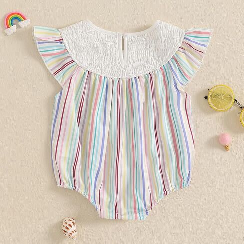 Baby Girl Beach Outfit Octopus Embroidery Smocked Bubble Romper | Flutter Sleeveless, Crab Seahorse Octopus Embroidery, Colorful Striped Print, Smocked Detail, Perfect for Summer Holidays in Saudi Arabia