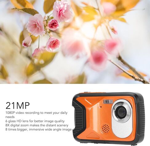 كاميرا تحت الماء ، شاشة 2.8 بوصة TFT HD 21MP 1080p الكشف عن الوجه لقطة بانورامية Shakeproof 16.4 قدم مقاومة للماء (برتقالي) in Kuwait