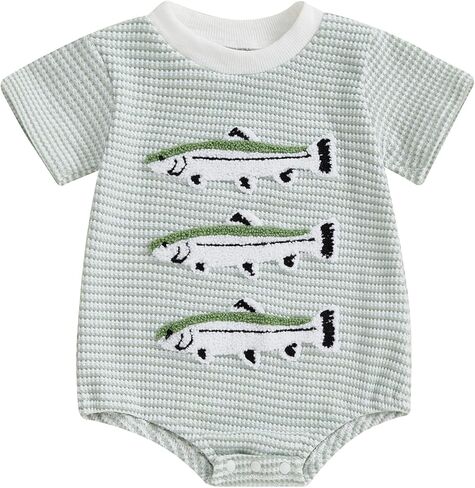 Newborn Baby Boy Summer Outfit Fishing Waffle Short Sleeve Bubble Romper Stripe Bodysuit Shirt Infant Summer Clothes in Kuwait