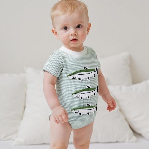 Newborn Baby Boy Summer Outfit Fishing Waffle Short Sleeve Bubble Romper Stripe Bodysuit Shirt Infant Summer Clothes in Kuwait