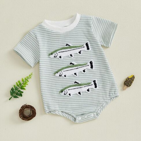 Newborn Baby Boy Summer Outfit Fishing Waffle Short Sleeve Bubble Romper Stripe Bodysuit Shirt Infant Summer Clothes in Kuwait