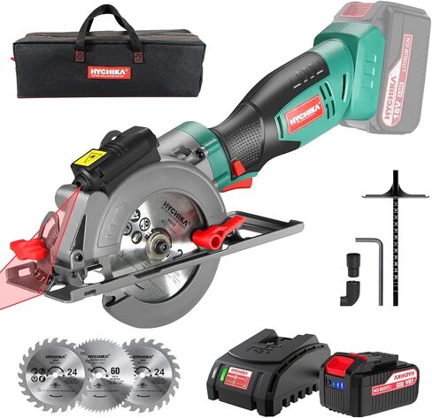 HYCHIKA Cordless Circular Saw, 18V Mini Circular Saw with 4.0Ah Battery, 3 Blades(4-1/2",4-9/10"), 3500RPM Max Cuting Depth:90°(48mm)/45°(32mm), Compact Circular Saw for Wood, Plastic and Soft Metal in Kuwait