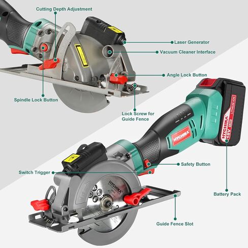 HYCHIKA Cordless Circular Saw, 18V Mini Circular Saw with 4.0Ah Battery, 3 Blades(4-1/2",4-9/10"), 3500RPM Max Cuting Depth:90°(48mm)/45°(32mm), Compact Circular Saw for Wood, Plastic and Soft Metal in Kuwait