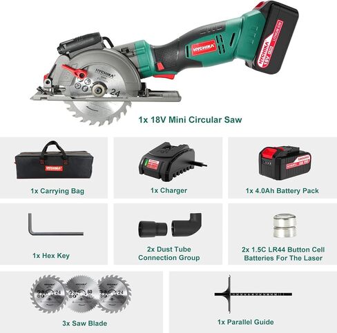 HYCHIKA Cordless Circular Saw, 18V Mini Circular Saw with 4.0Ah Battery, 3 Blades(4-1/2",4-9/10"), 3500RPM Max Cuting Depth:90°(48mm)/45°(32mm), Compact Circular Saw for Wood, Plastic and Soft Metal in Kuwait