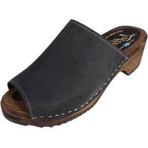 Berit Classic Clog Sandal with Open Toe for Women I Wooden Clog Mules Handcrafted in Sweden with Alder Wood Base and Genuine Oiled Nubuck Leather | Black