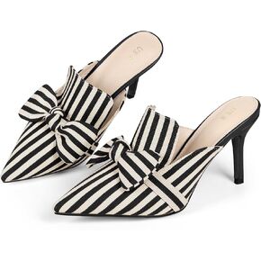 Perphy Bow Stripe Pointed Toe Slip on Heel Pumps Slides Mules for Women