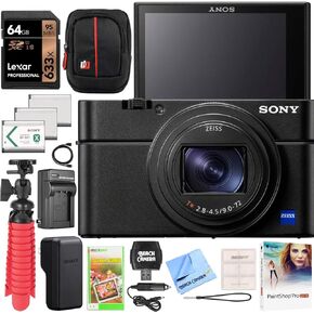 Sony DSC-RX100M7 Cyber-Shot RX100 VII RX100M7 حزمة كاميرا مضغوطة متميزة مع حزمة بطارية ثلاثية 3x ، بطاقة ذاكرة 64 جيجابايت ، مجموعة ملحقات سفر DECO (13 عنصرًا)