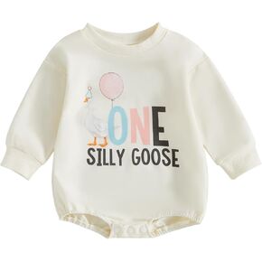 Baby Girl First Birthday Clothes One Silly Goose Long Sleeve Bubble Romper Infant Bodysuit Jumpsuit Cake Smash Outfit