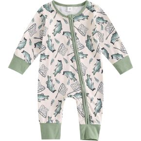 Newborn Baby Boy Girl Fall Winter Clothes Long Sleeve Fish Print Zipper Jumpsuit Romper One Piece Fishing Outfit 0-12M