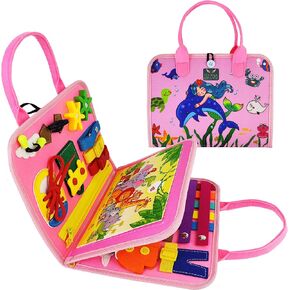 Busy Board for 3-6 Year Old Boy & Girl, Montessori Toys, Sensory Educational Travel Toys, Toddler Activities for Learning Fine Motor Skills (Pink)