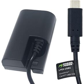 WASABI Power DCC-LPE6 DUMME DC COUPLER مع مدخلات USB-C لـ CANON DR-E6 LP-E6 LP-E6N LP-E6NH و CANON 5D III IV 5DS R 6D II 7D II 60D 60DA 70D 80D 90D R R5 R6 R6 R6 SMALLHD 501 502 702 702